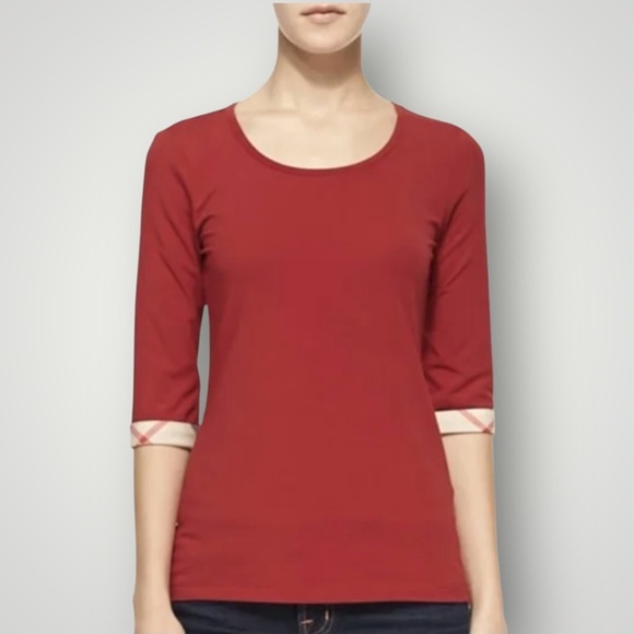 Burberry Brit Scoop Neck Tee With Check Cuffs - Picture 14 of 16